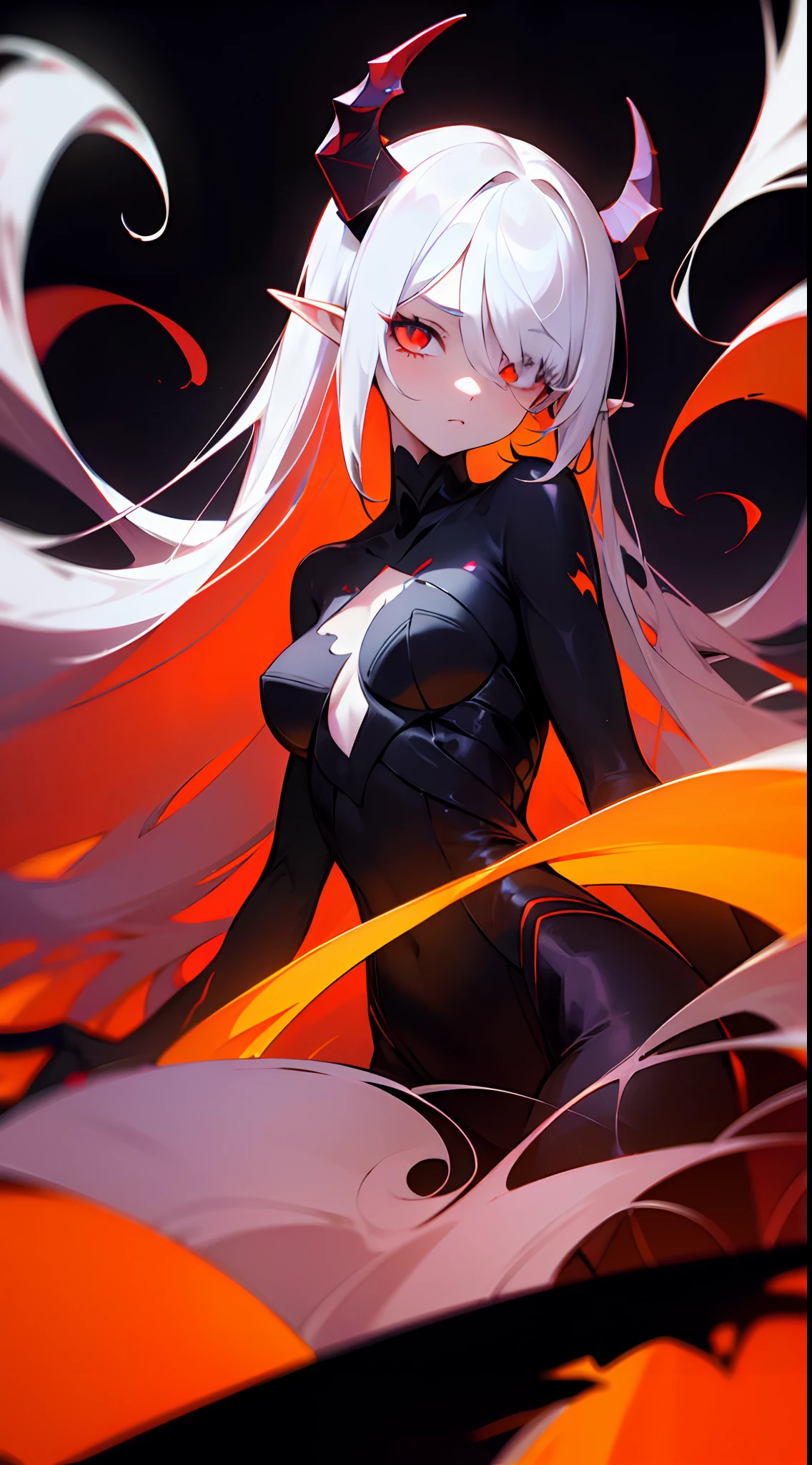 masterpiece, best quality, ultra-detailed, absurdres, colorful, 1girl, solo, (solid red eyes:1.0), (white hair, long hair, straight hair, hair over one eye:1.0), detailed eyes, wide-eyed, eyelashes, (upper body:0.8), monster girl, side view, glowing eyes, red eyes, tilted head, night, black skin, black body, black face skin, black suit, pointy ears, horror, dark, black background, looking at viewer, crown, high contrast, backlighting, (standing:0.8), aura, fractal background, chaotic, spiral, demon horns, energy, mosaic, inferno