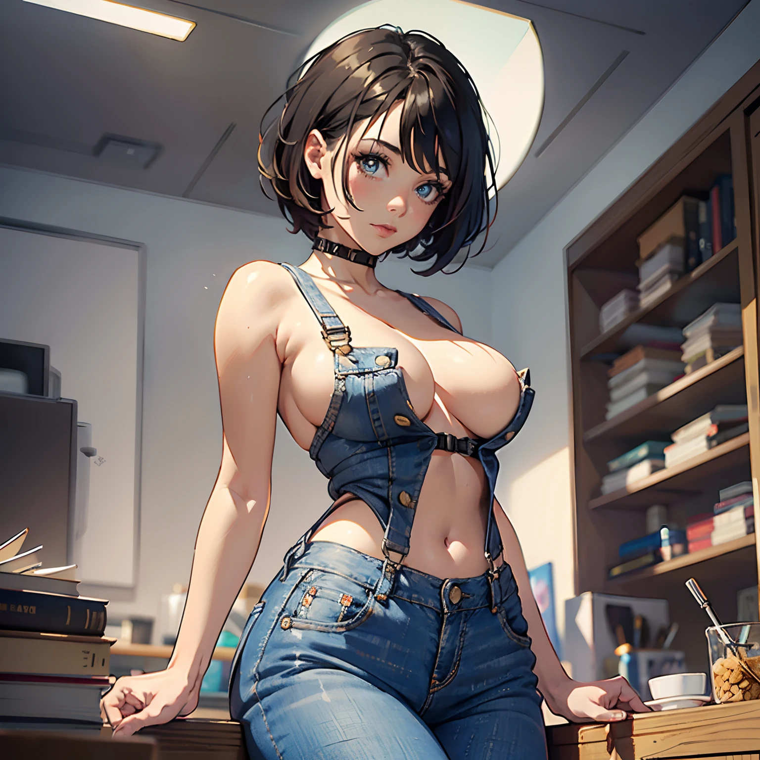 1 voluptuous woman (Sarah Hyland), short black hair, hairstyle pixie, eyes, environment change scene, Female, wearing only "jeans overalls", "without shirt", uncovered shoulders, (simple background, white background: 1.3), illustration, ((masterpiece)), (((best quality))), UHD, highres, 8k, best quality, high details, anatomically correct, body side