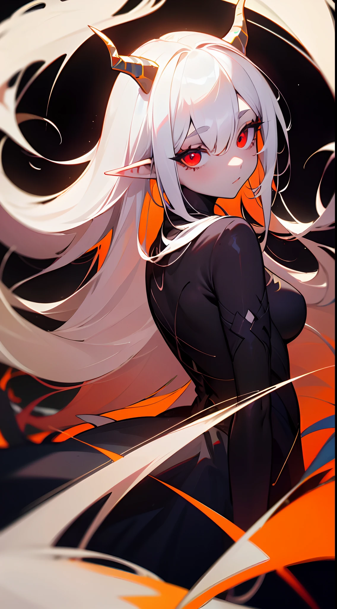 masterpiece, best quality, ultra-detailed, absurdres, colorful, 1girl, solo, (solid red eyes:1.0), (white hair, long hair, straight hair, hair over one eye:1.0), detailed eyes, wide-eyed, eyelashes, (upper body:0.8), monster girl, side view, glowing eyes, tilted head, night, black suit, pointy ears, horror, dark, black background, looking at viewer, crown, high contrast, backlighting, (standing:0.8), aura, fractal background, chaotic, spiral, demon horns, energy, mosaic, inferno
