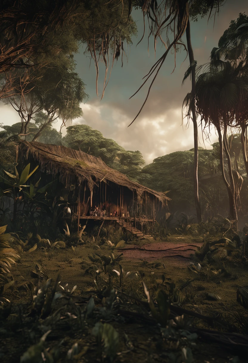 "Arte de horror aterrorizante de um lobisomem aterrorizante encorpado com dentes afiados, Situado em uma cabana de floresta ambiente escuro. The artwork shows the sinister atmosphere of Brazil's enigmatic folklore, pelagem dourada, cinematic quality, 8k octane render, sangue e saliva saindo da boca"