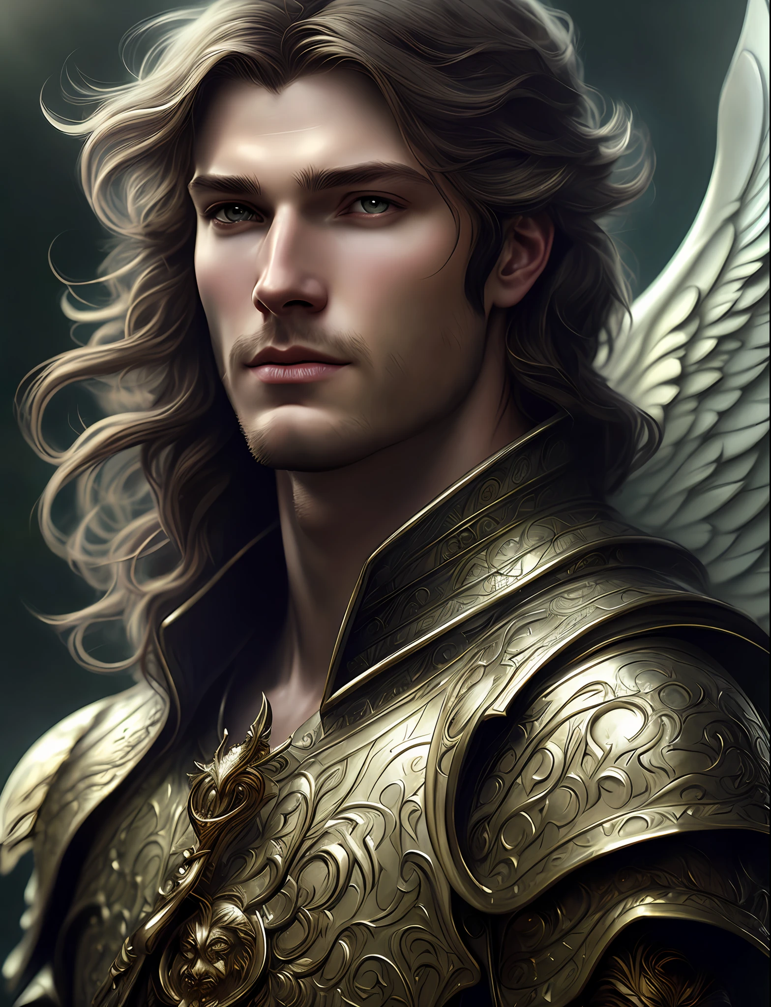 Close-up portrait of a male archangel Michael, d & d, face, fantasy, intricate, elegant, highly detailed, digital painting, artstation, concept art, soft focus, sharp, illustration, art by artgerm and greg rutkowski and alphonse mucha
