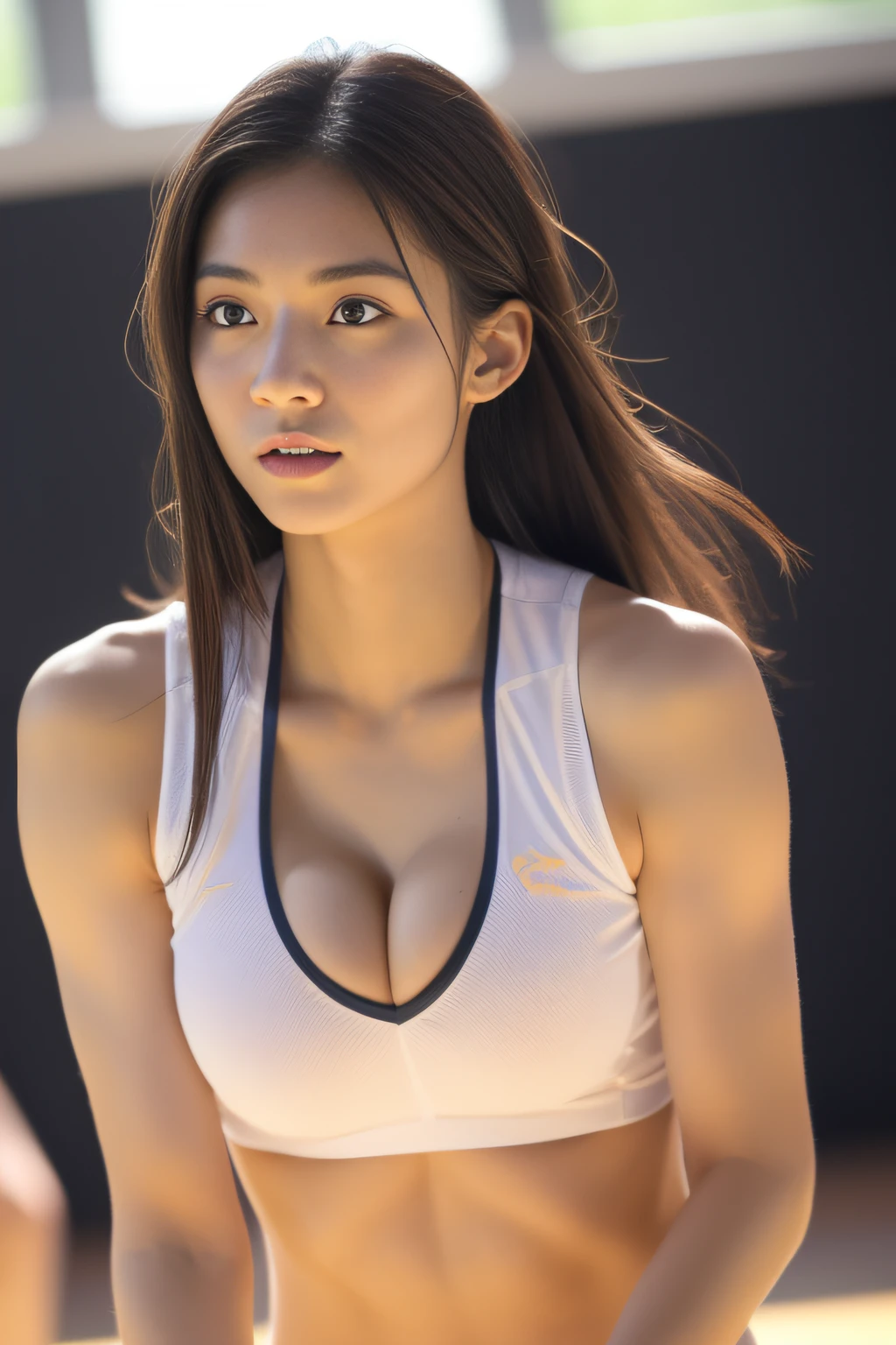 ((in 8K、top-quality、masterpiece、超A high resolution:1.2))、 Cute Japan woman with good looks 、23years old、1girl in、Volleyball player、Professional volleyball game、sneakers、Colossal tits、cleavage of the breast、Dark hair、Black eyes、bobhair、Constricted flesh、Beautiful limbs、perspiring、Amazing volleyball game、A sexy、well-muscled、(perfect anatomia、Beautiful limbs、Healthy body)、Gymnasium、Volleyball Court、Aim for the Ace、during the day、profetional lighting、suns、