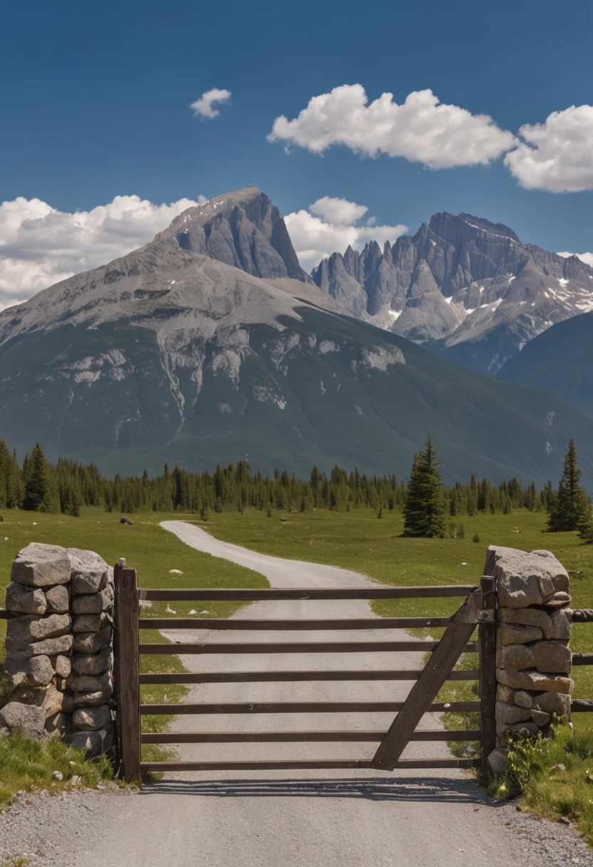Mountains in the distance behind a gate and a road, Parc national Banff, Montagnes Rocheuses spectaculaires, Grande montagne rocheuse, The Rocky Mountains in the background, Mountain in the background, Mountain in the background, with mountains in the background, Mountain in the background, Mountains in the background, par Brigette Barrager, montagnes majestueuses, pont, with mountains in the background, Beautiful mountains behind,4k, Ultra Definition