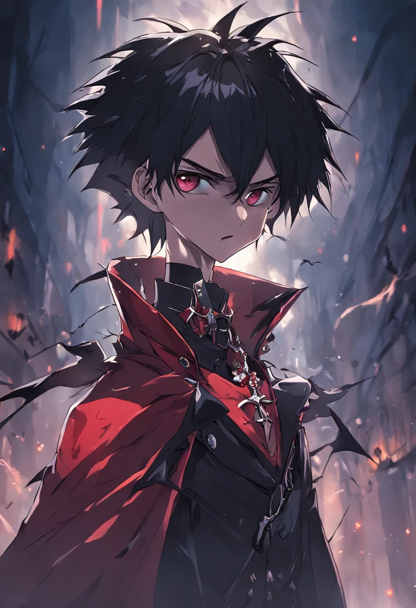 A Dracula with a pacifier hanging from his neck and spiky black hair. cartoon 4k