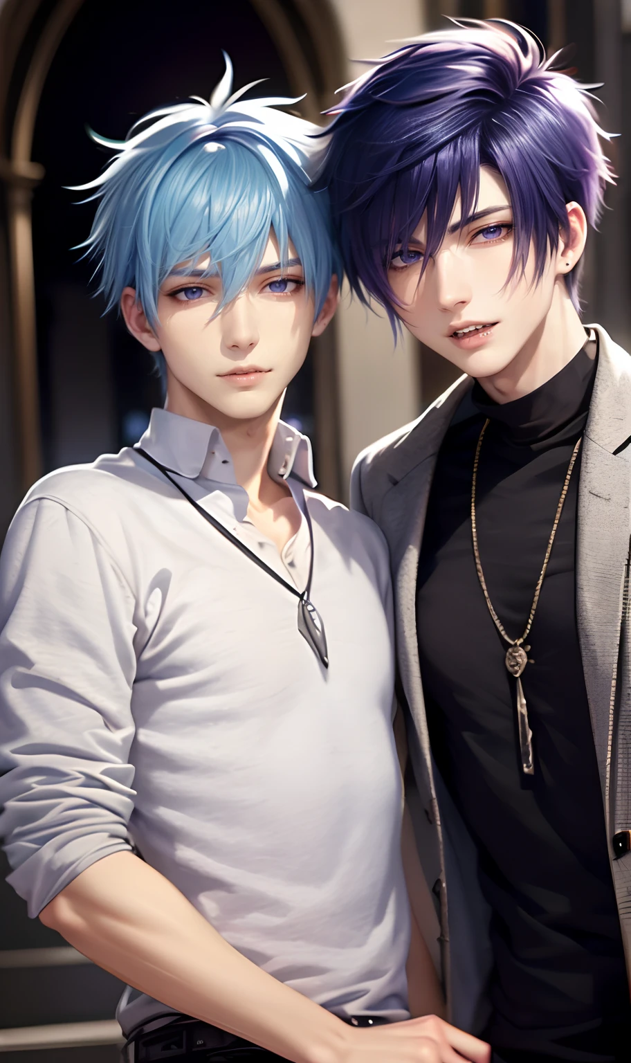 masterpiece, top-quality, 2Others, Male couple, 1 man and 1,, Adults, Height difference, different fashion, different color, finely eye and detailed face, intricate detailes, Casual clothing, window, A smile, Happiness, tenderness, queers, Boys Love, high-level image quality、 selfee, Two beautiful men、tall、The upper part of the body、nightfall、nighttime scene、𝓡𝓸𝓶𝓪𝓷𝓽𝓲𝓬、Korean Male, Idol Photos, k pop, Professional Photos, Vampires, Korean fashion in black and white, Fedoman with necklace, inspired by Sim Sa-jeong, androgynous vampire, :9 detailed face: 8, extra detailed face, detailed punk hair, ((eyes are brown)) baggy eyes, Seductive. Highly detailed, semi realistic anime, Vampires, hyperrealistic teen, delicate androgynous prince, imvu, short hair above the ears, Man with short hair, With a purple-haired man with a wild expression, Man with light blue hair with gentle expression, ((With a short-haired man with bright purple hair)), ((Man with light blue hair))
