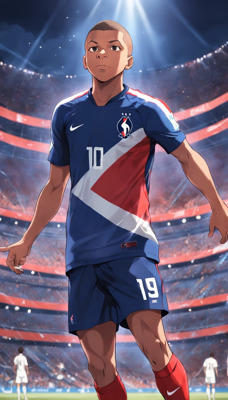 Kyllian Mbappe with the French national team jersey in anime style , Standard scenario , olhar fixo , (( imagem sem deformidades )) , best resolution , melhor qualidade , obra prima