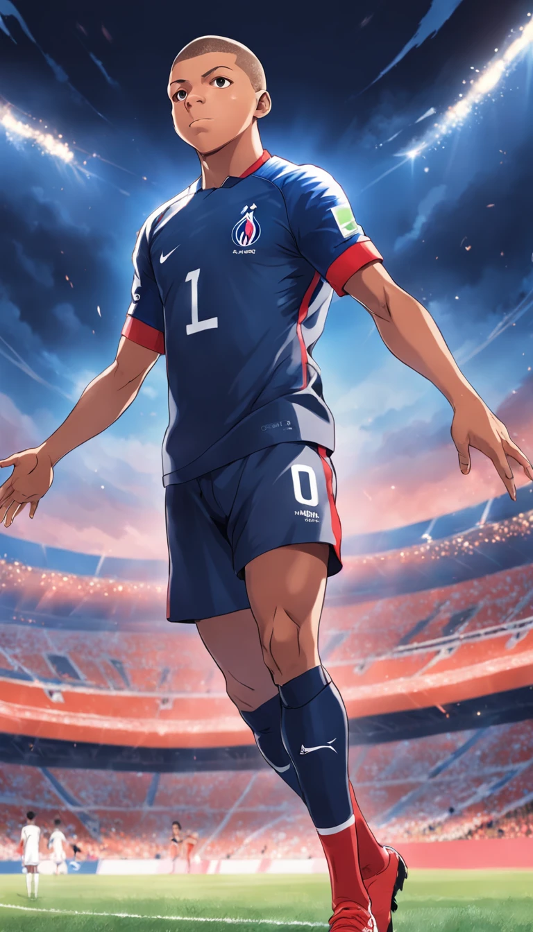 Kyllian Mbappe with the French national team jersey in anime style , Standard scenario , olhar fixo , (( imagem sem deformidades )) , best resolution , melhor qualidade , obra prima
