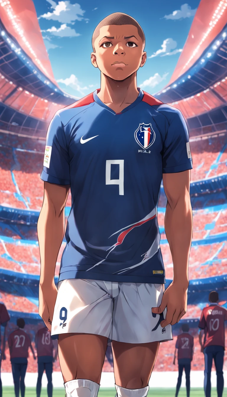 Kyllian Mbappe with the French national team jersey in anime style , Standard scenario , olhar fixo , (( imagem sem deformidades )) , best resolution , melhor qualidade , obra prima