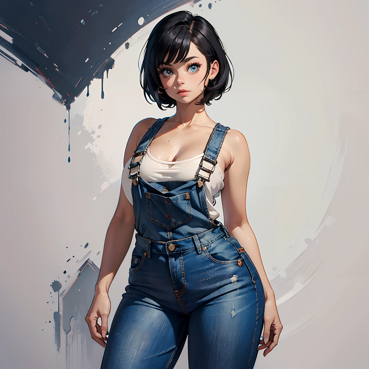 1 voluptuous woman, short black hair, hairstyle pixie, eyes, environment change scene, Female, wearing "jeans overalls" "without shirt", uncovered shoulders, (simple background, white background: 1.3), illustration, ((masterpiece)), (((best quality))), UHD, highres, 8k, best quality, high details, anatomically correct