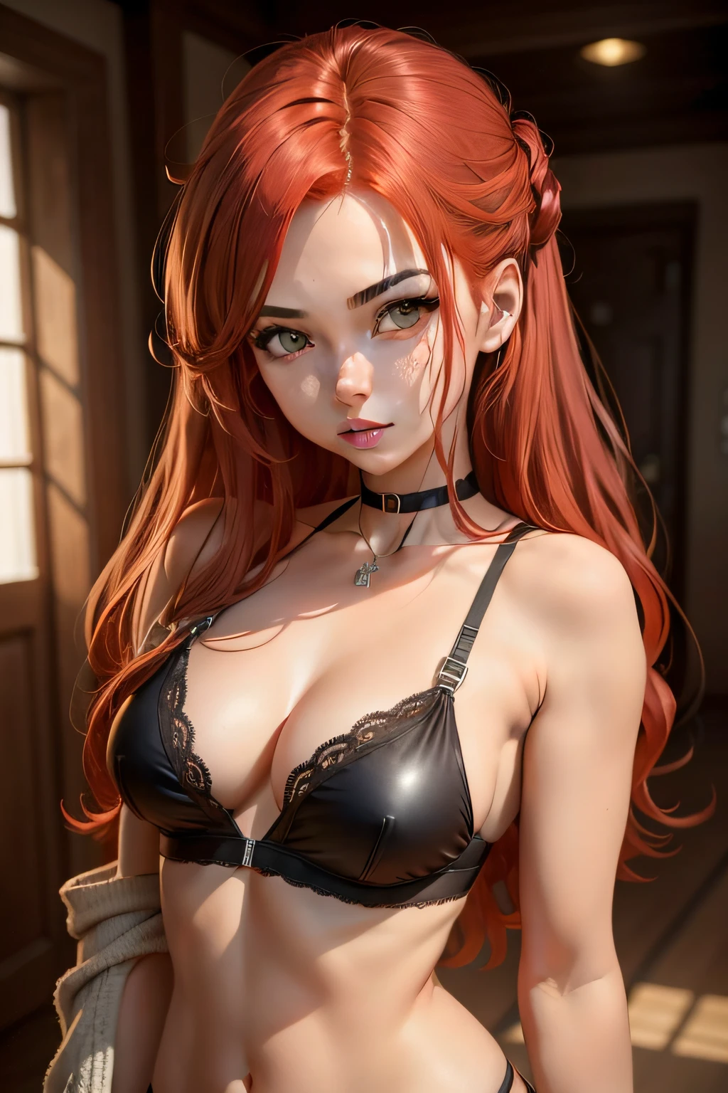 1:girl, red hair, large chest, ling hair, hazel eyes, small silver choker, looking at viewer anime black bra with lace
