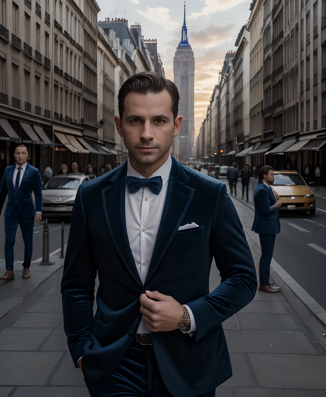 (Masterpiece, photoreallistic), (f/1.4, Sony a7R IV) ..RAW, Portrait of seductive European man, 35 years old , ( brown short hair and small ears:1.3). Full view, wearing (a blue velvet suit jacket:1.4) and (white fit shirt and white fashion pants :1.3). Standing in the street in a very famous pose, Photographie et pose de mannequinat, Moniteur du New York Times et rue, Cities in the background and passers-by in the background and Bokeh, Highly detailed and symmetrical face, detailed lips, ceinture, detailled eyes, Des jambes parfaites, Background and sunset of the city of Paris and golden sky of the sunset, Bokeh, Precise finger, Super creative pose, VRAIE PHOTO, Lively street, Kodak, Anciennes couleurs de film, ultra fine detail, slow shutter speed, Stretched lights and movement, Bokeh