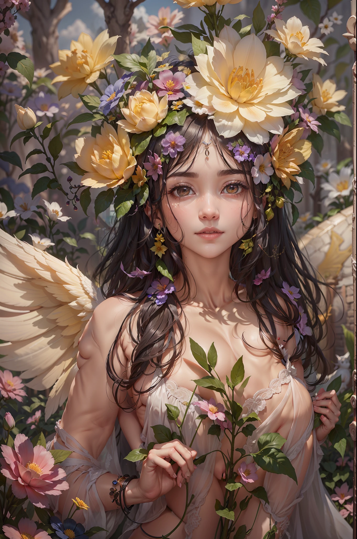A goddess of love in her small garden, She is surrounded by beautiful flowers, Little angels and fairies accompany her. Su mirada revisa la dulzura, Se viste de forma luminosa y vaporosa. Su cuerpo es esbelto y espectacular. ((pechos grandes)) (cuerpo fitness)