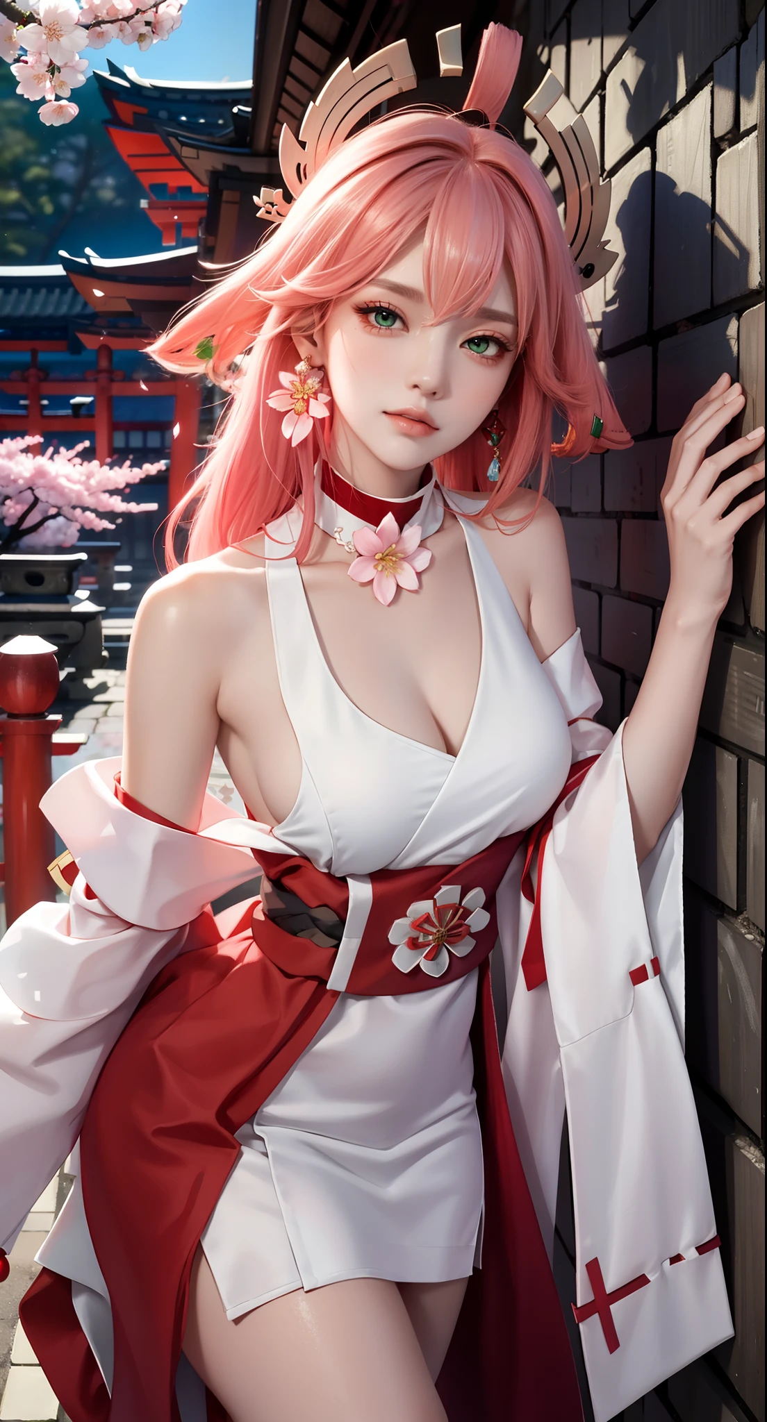 (Masterpiece, Excellent, 1girl, solo, complex details, color difference), realism, ((medium breath)), off-the-shoulders, big breasts, sexy, Yae Miko, long pink hair, red headdress, red highlight, hair above one eye, green eyes, earrings, sharp eyes, perfectly symmetrical figure, choker, neon shirt, open jacket, turtleneck sweater, against the wall, brick wall, graffiti, dim lighting, alley, looking at the audience, ((mean, seductive, charming)), ((cherry blossom background))),((Japanese temple background)))), (((luminous background))), (dynamic pose), tulle, bare shoulders, blooming flower fields, radiant skin, faint smile, sexy, bust, no breast cover, naked, cocked ass, tummy look