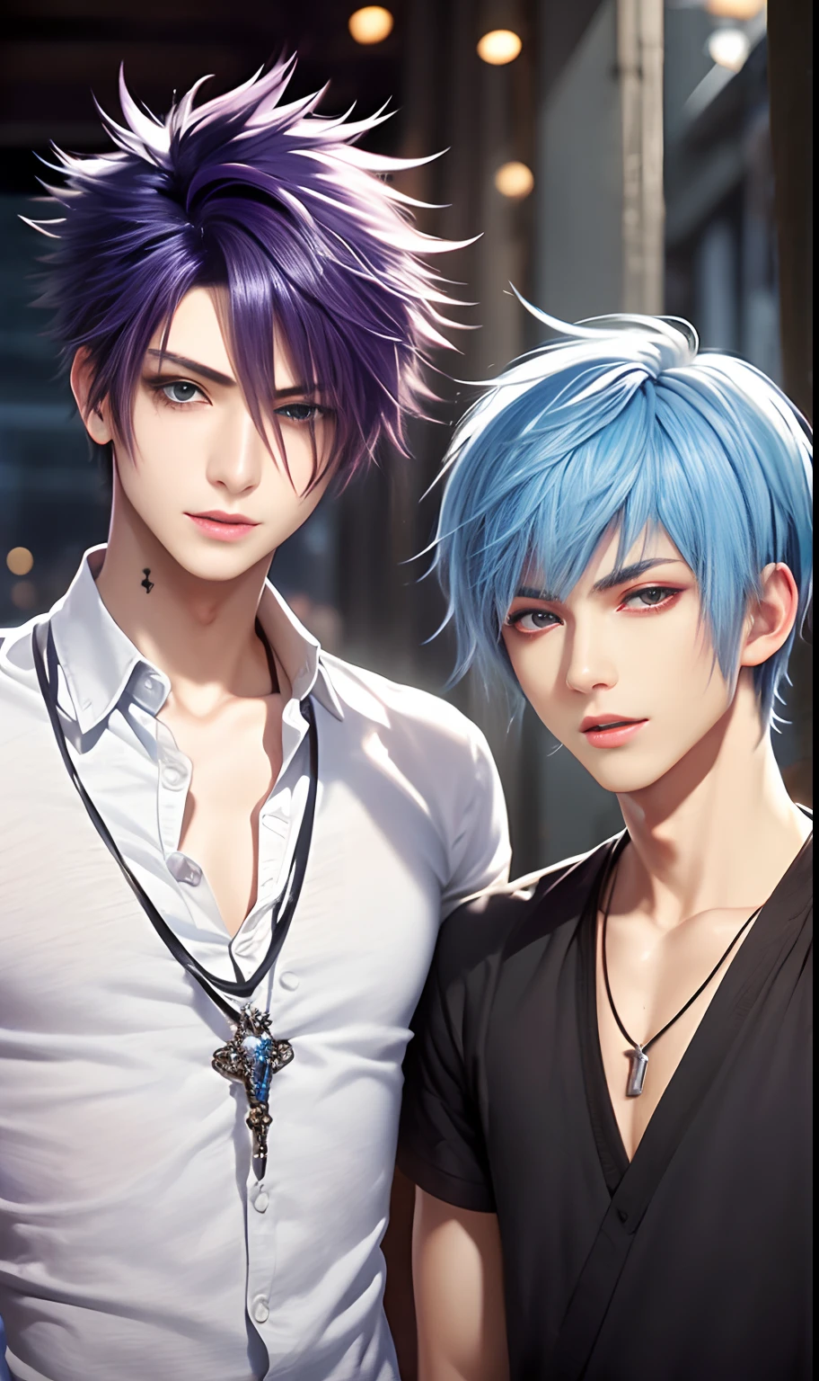 ​masterpiece, top-quality, 2Others, Male couple, 1 man and 1,, Adults, Height difference, different fashion, different color, finely eye and detailed face, intricate detailes, Casual clothing, window, A smile, Happiness, tenderness, queers, Boys Love, high-level image quality、 selfee, Two beautiful men、tall、The upper part of the body、nightfall、nighttime scene、𝓡𝓸𝓶𝓪𝓷𝓽𝓲𝓬、Korean Male, Idol Photos, k pop, Professional Photos, Vampires, Korean fashion in black and white, Fedoman with necklace, inspired by Sim Sa-jeong, androgynous vampire, :9 detailed face: 8, extra detailed face, detailed punk hair, ((eyes are brown)) baggy eyes, Seductive. Highly detailed, semi realistic anime, Vampires, hyperrealistic teen, delicate androgynous prince, imvu, short hair above the ears, Man with short hair, With a purple-haired man with a wild expression, Man with light blue hair with gentle expression, ((With a short-haired man with bright purple hair)), ((Man with light blue hair))