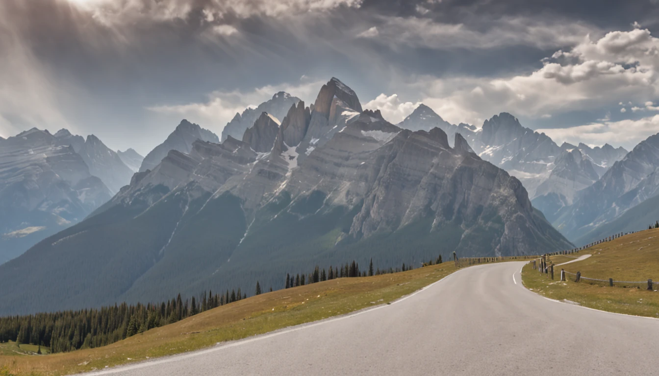 Mountains in the distance behind a gate and a road, Parc national Banff, Montagnes Rocheuses spectaculaires, Grande montagne rocheuse, The Rocky Mountains in the background, Mountain in the background, Mountain in the background, with mountains in the background, Mountain in the background, Mountains in the background, par Brigette Barrager, montagnes majestueuses, pont, with mountains in the background, Beautiful mountains behind,4k, super detailed, Big sun in the background, Hot day, arc en ciel au loin
