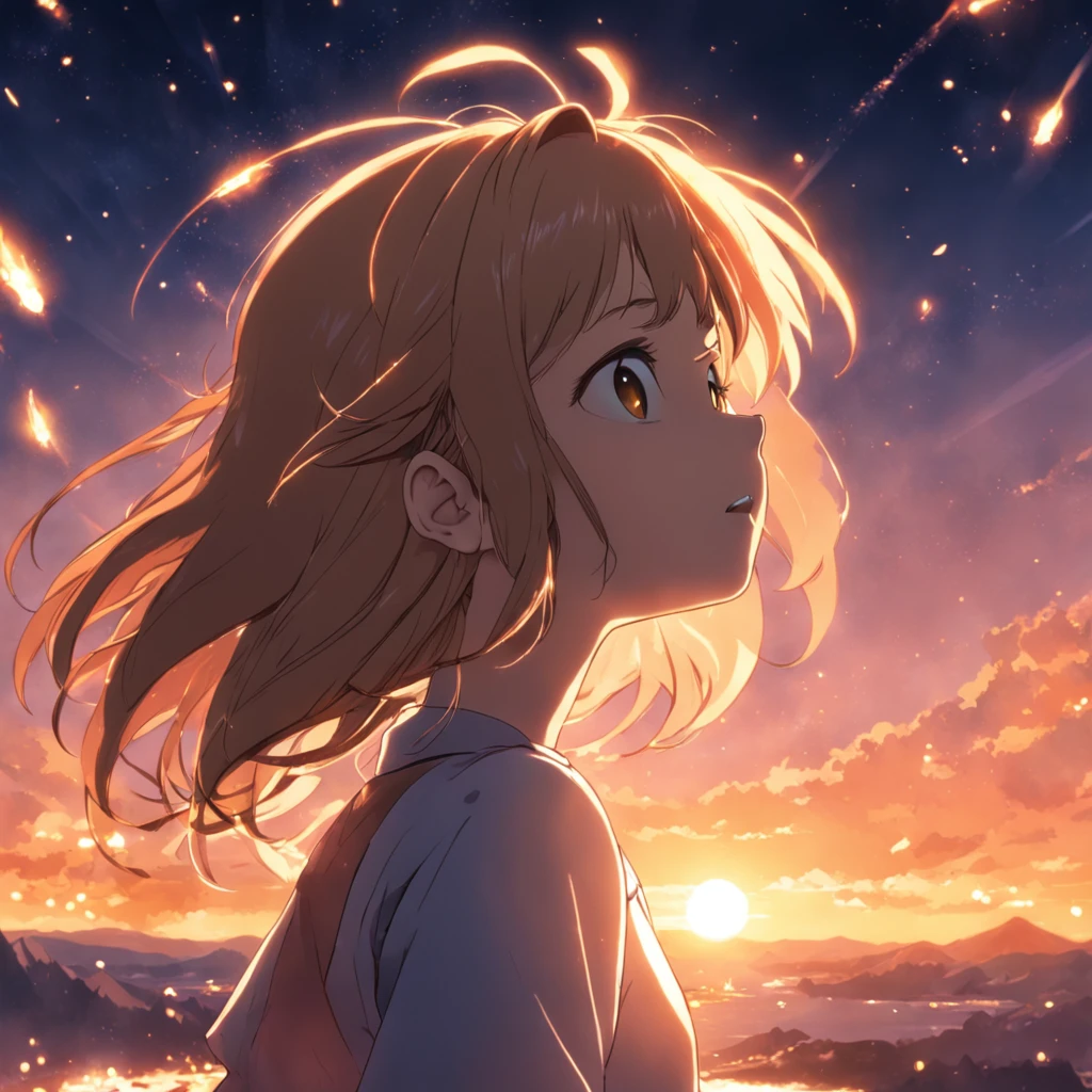 obra-prima, melhor qualidade, filme, 1girl, garota , seeing the sky, close-up, brilhante, feliz, Soft lighting and Warm, sun sunset, (Sparks: 0,7) estrela cadente