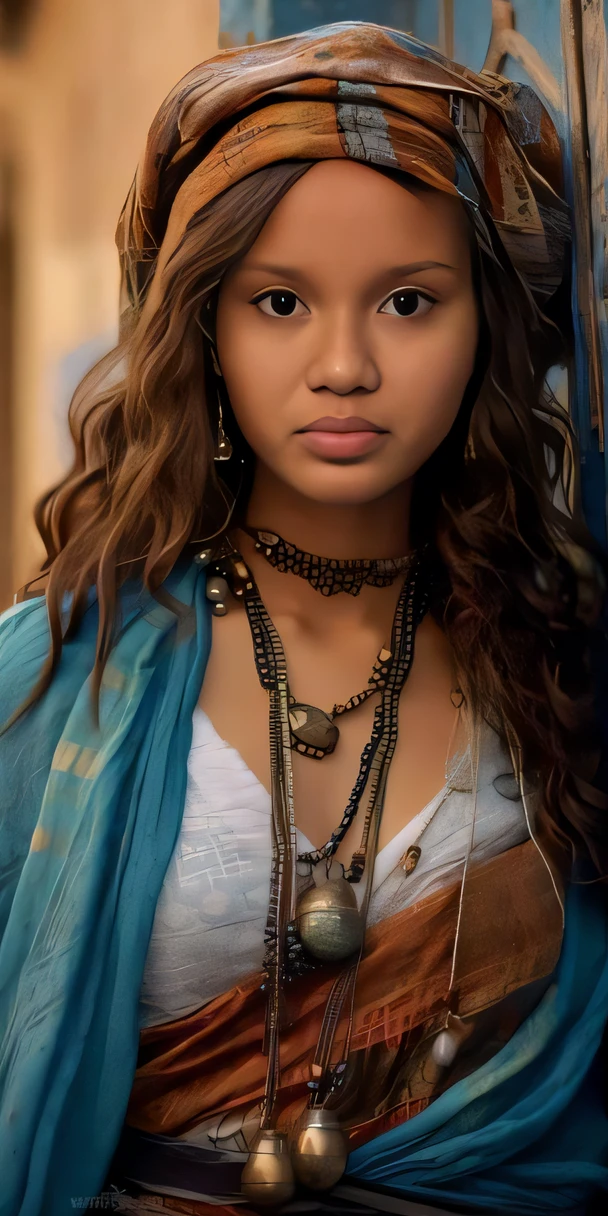 A closeup of a woman wearing a scarf and necklace, Uma jovem mulher como Genghis Khan, Retrato de Zendaya, mulher jovem bonita do himalaia, Mulher bonita do Himalaia, Imogen Poots como um guerreiro santo, Indian girl with brown skin, Retrato de uma jovem Pocahontas, mulher jovem do Himalaia, foto de retrato em close-up, Zendaya, "Zendaya