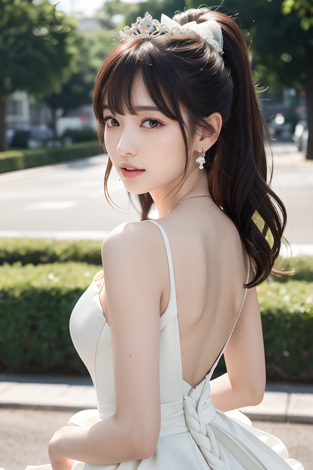 ((addielyn))、Random posture、(extremely delicate and beautiful work)、(masterpiece)、One girl、Highly Detailed Elegant Wedding Dresses、tiarra、A highly detailed、Warped ponytail、A charming expression、Beautiful and clear eyes、Green pupil、delicate necklaces、Delicate earrings、Simple blurry background、Description of extreme details、Beautiful fece、A charming、Ultra-fine painting、delicated face、Delicate figure、thin clavicle、Beautiful lips、Soft back view、mix4、(8K、Raw photography、top-quality、masterpiece:1.2), (reallistic, Photorealsitic:1.37),1girl in,Cute,Cityscape, natta, Sateen, Wetty, Professional Lighting, Photon mapping, Radio City, physically-based renderingt, above waist、乃木坂アイドル、韓国アイドル、hposing Gravure Idol、女優、