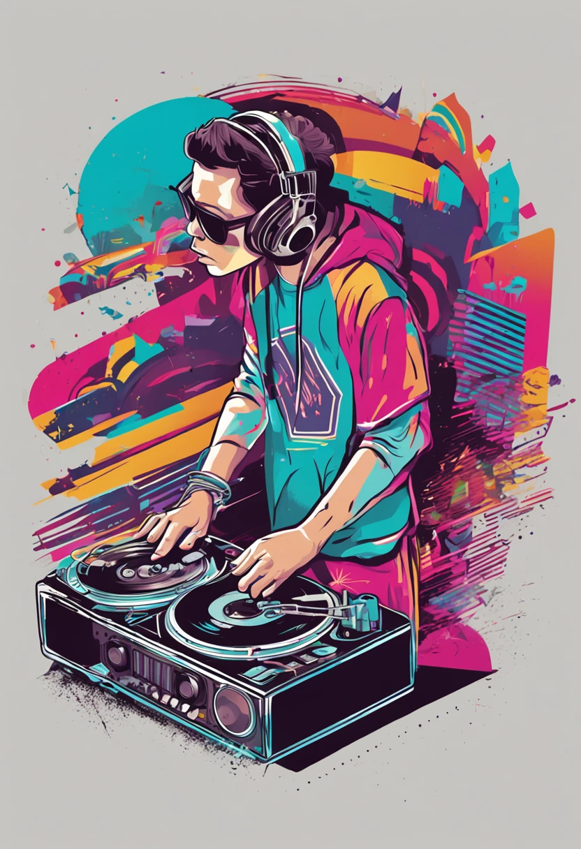 a DJ kid playing platinum vinyl at a festival, Centrado, isometric, vetor altamente detalhado , Colorful graffiti illustration, Usando fones de ouvido , face is covered by highly detailed, cor vibrante, High detail ,fundo branco