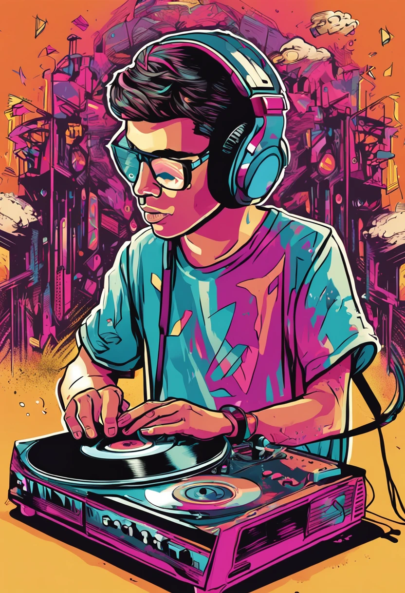 a DJ kid playing platinum vinyl at a festival, Centrado, isometric, vetor altamente detalhado , Colorful graffiti illustration, Usando fones de ouvido , face is covered by highly detailed, cor vibrante, High detail ,fundo branco