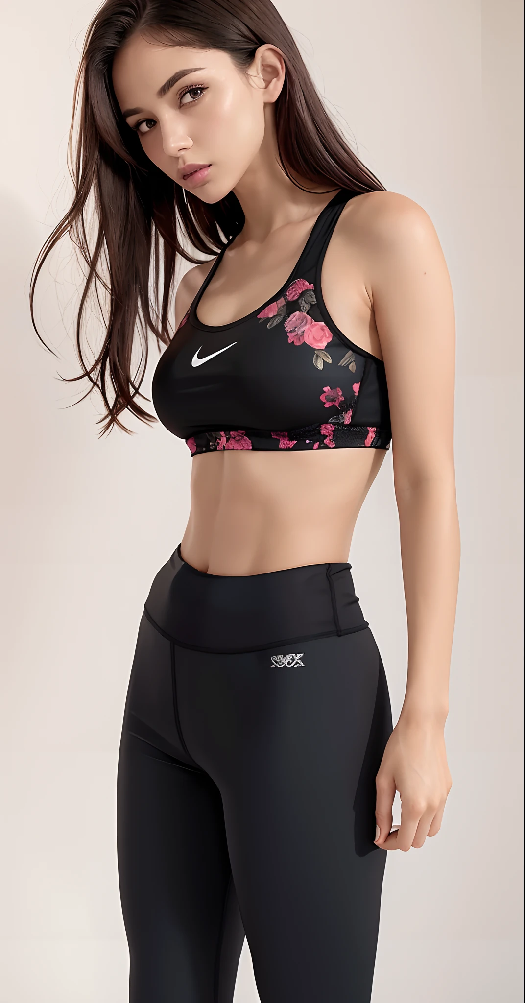 A gorgeous woman in a black sports bra top and black leggings, sport bra and shorts, Esporte bom, sports bra, detailed sports bra, sport bra and shirt, brassier, two piece workout clothes, floral, Bralette, Titular Top, bra and shorts streetwear, sexy push up bras, sport bra and dark blue shorts, Encaixe figura delicada, roupas esportivas fofas