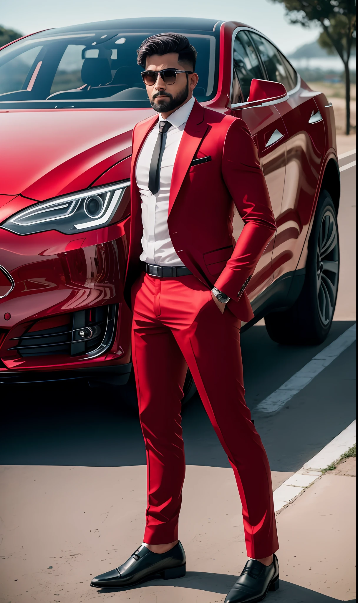Renatomendees millionaire, red suit and red pants, sapatos pretos, tesla modelo S preto no fundo, arm crossed, cinemactic, Hiperdetalhes, hyper realistic, Realistic, 4k, Capturado com uma Canon EOS R6, RF 85mm f/1.Lente 2L, Abertura f/2.8, ISO 400 Certification, Velocidade do obturador 1/1000 seg --auto