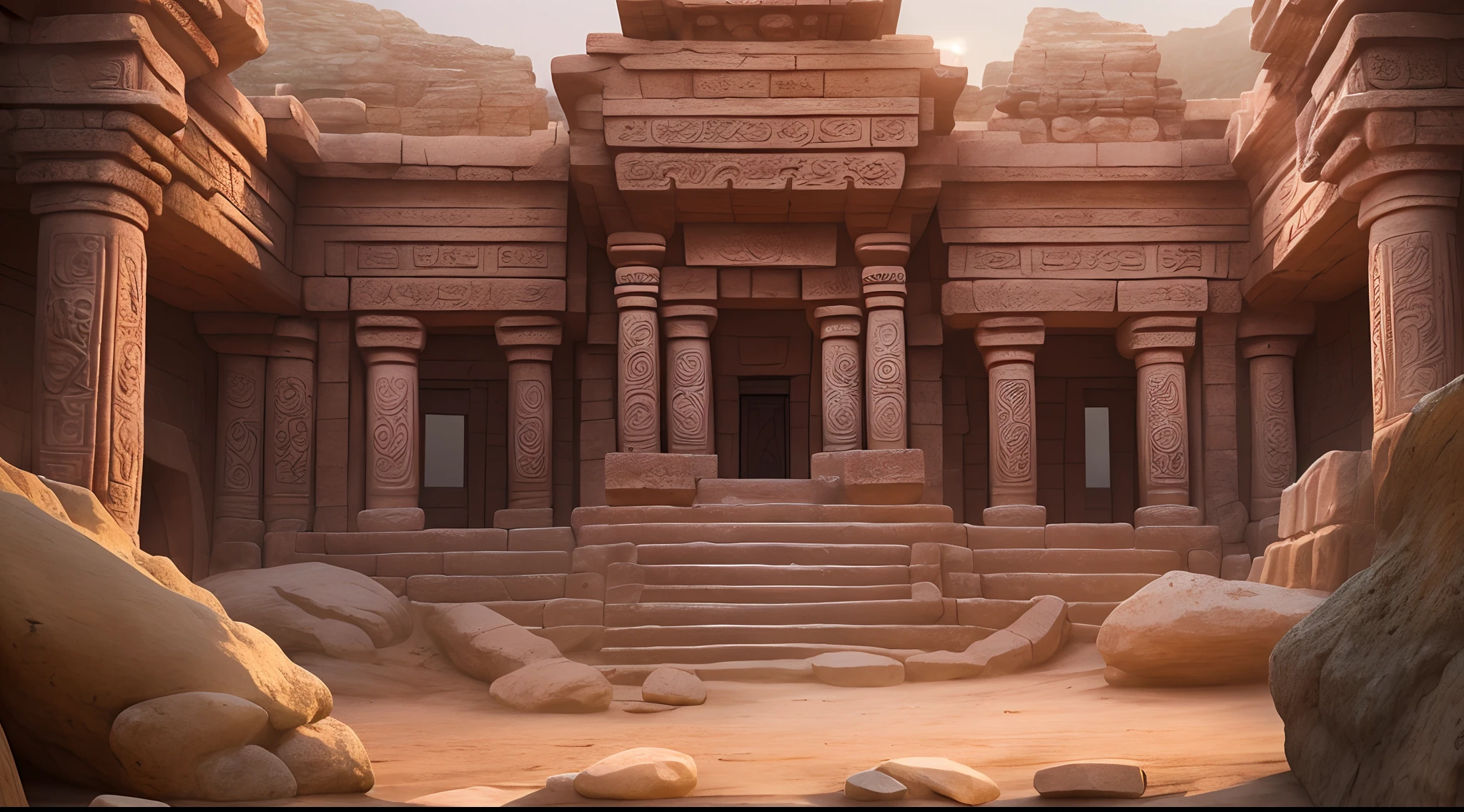 high details, best quality, 8k, [ultra detailed], masterpiece, best quality, phtorealism (extremely detailed), a picture of an fantasy art, ancient temple (intense details, Masterpiece, best quality: 1.5), carved in to the mountain (intense details, Masterpiece, best quality: 1.5),  at the desert, ancient temple (intense details, Masterpiece, best quality: 1.5), lost cultures, stone arches (intense details, Masterpiece, best quality: 1.5), intese stone engraving, lion statues (intense details, Masterpiece, best quality: 1.5), stone pillars, sun rise, silhouette, sun particles