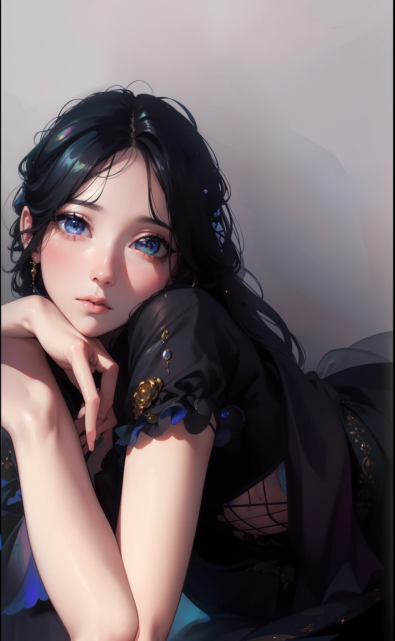 masterpiece, best quality, 8k resolution, sharp focus, intricate detail, beautiful girl, sparkling eyes, golden ratio face, otherworldly liquid, watercolor, pastel colors, bright colors, whimsical, colorful, sharp focus, high resolution, fine detail, ((layered tiered puffy long sleeves ballgown)), ((round eyes)), iridescent bubbles, fantasia background