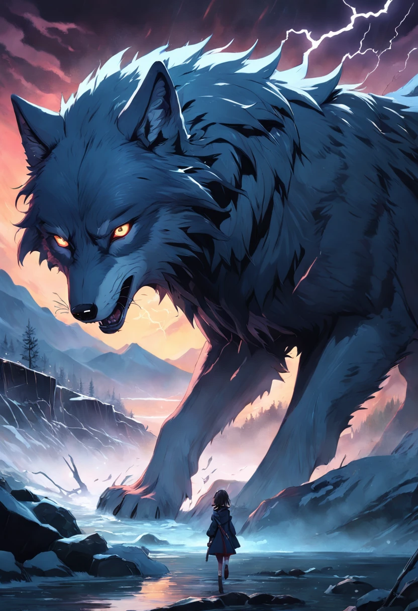 Wolf God, surreal, tense, cold, highly detailed, sharp, professional, 8k UHD, movie, dark, violent, outdoor, river, battle, chase, dramatic, vivid, tense atmosphere, rendering, epic, twilight, HDR, album cover, blizzard, lightning, disaster