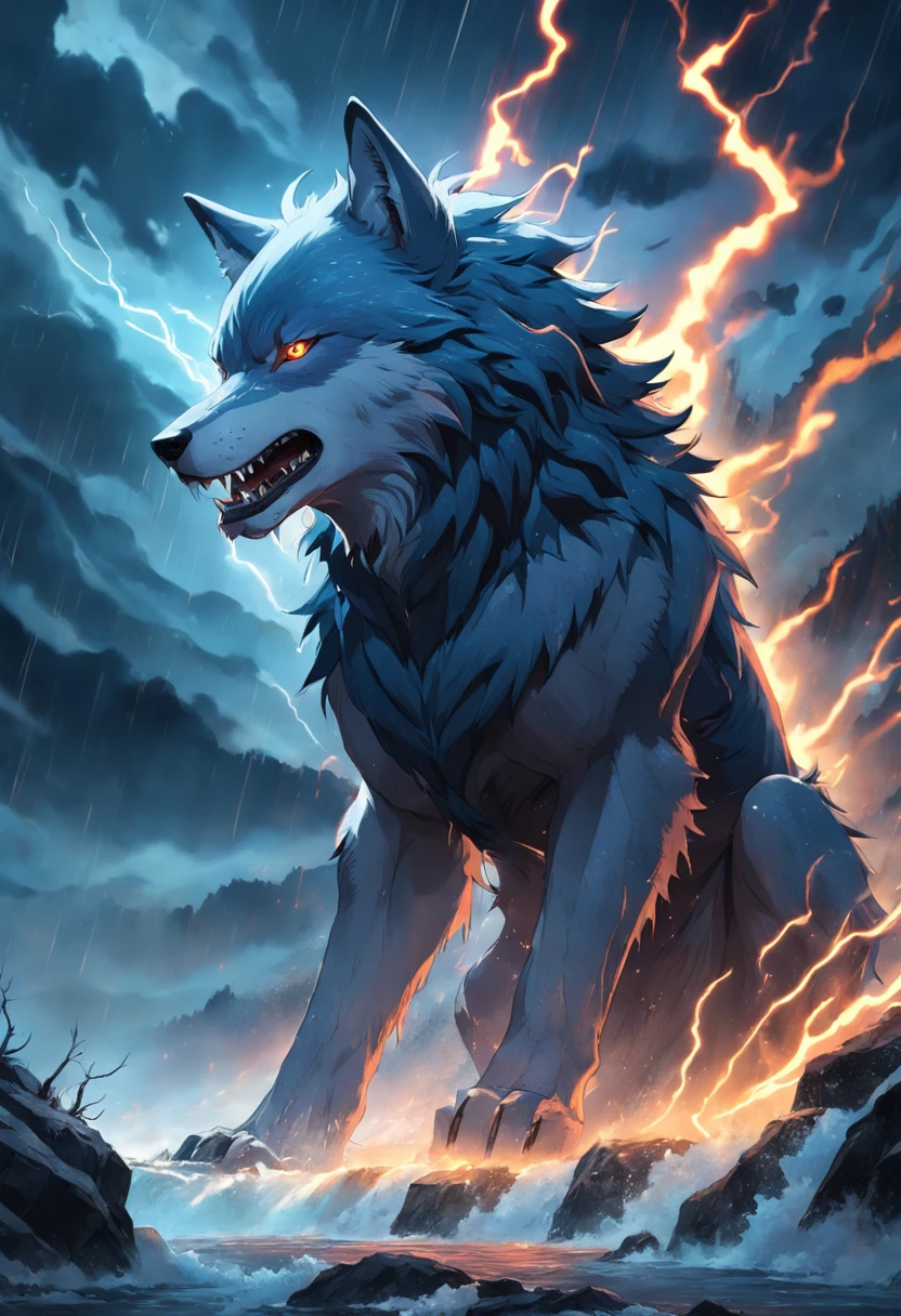 Wolf God, surreal, tense, cold, highly detailed, sharp, professional, 8k UHD, movie, dark, violent, outdoor, river, battle, chase, dramatic, vivid, tense atmosphere, rendering, epic, twilight, HDR, album cover, blizzard, lightning, disaster