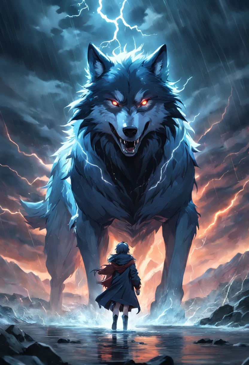 Wolf God, surreal, tense, cold, highly detailed, sharp, professional, 8k UHD, movie, dark, violent, outdoor, river, battle, chase, dramatic, vivid, tense atmosphere, rendering, epic, twilight, HDR, album cover, blizzard, lightning, disaster