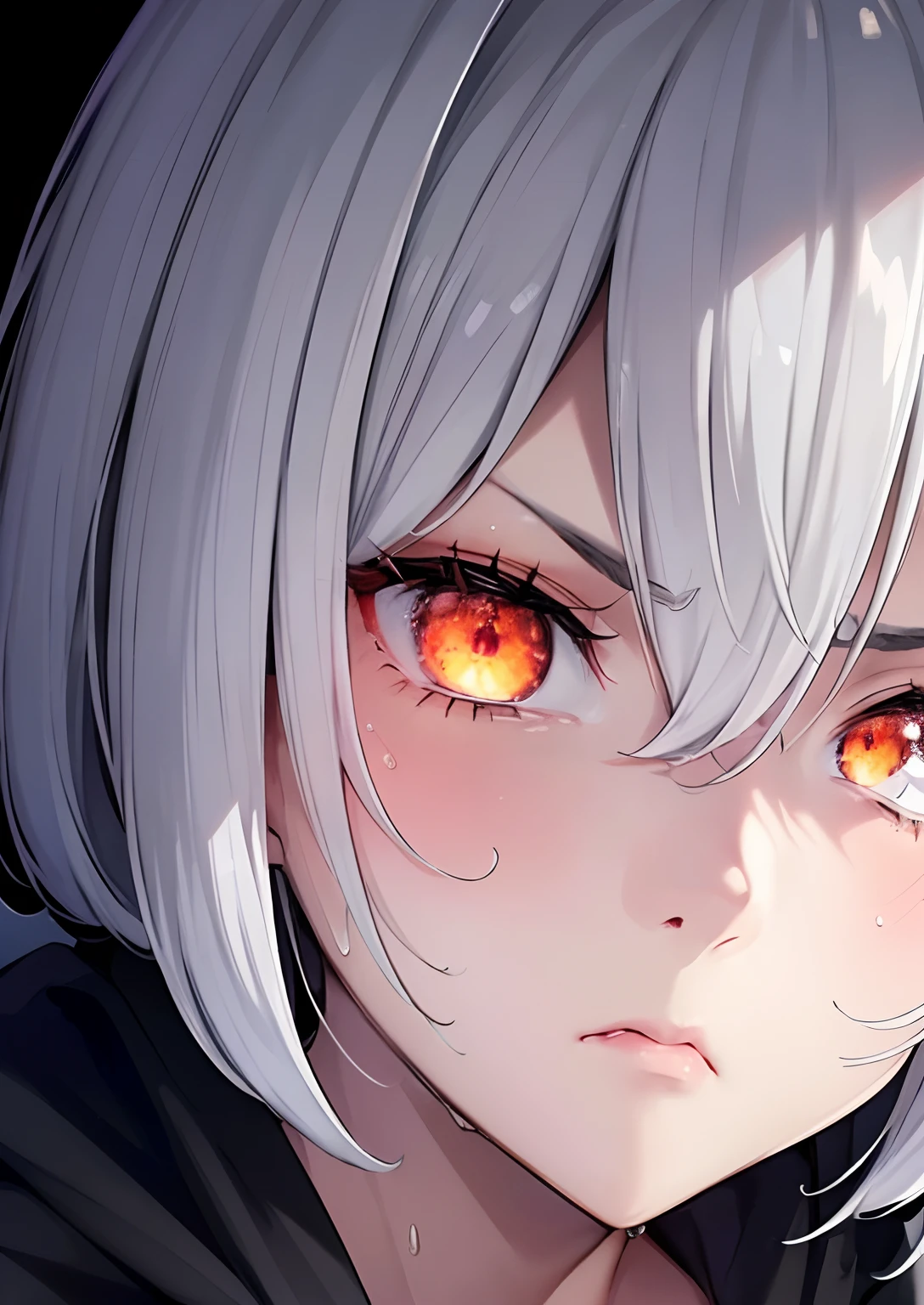 Best Quality, masutepiece,4k 8k wallpaper, 1girl in, Shorthair, Silvery hair、Hairpin, Hoodie, (((Close-up photos))), (((monochromes:1))), Flame background, ((looking disgusted)), Looking at Viewer, Glowing eyes, gloweyes, halfbody