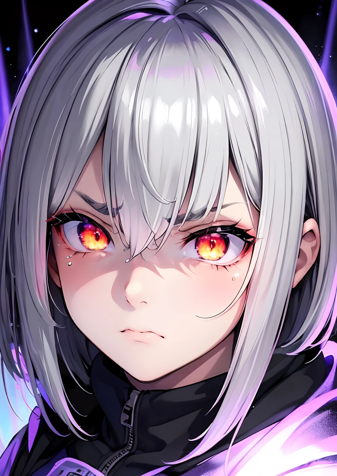 Best Quality, masutepiece,4k 8k wallpaper, 1girl in, Shorthair, Silvery hair、Hairpin, Hoodie, (((Close-up photos))),  (((monochromes:1))), Flame background, ((looking disgusted)), Looking at Viewer, Glowing eyes, gloweyes, halfbody
