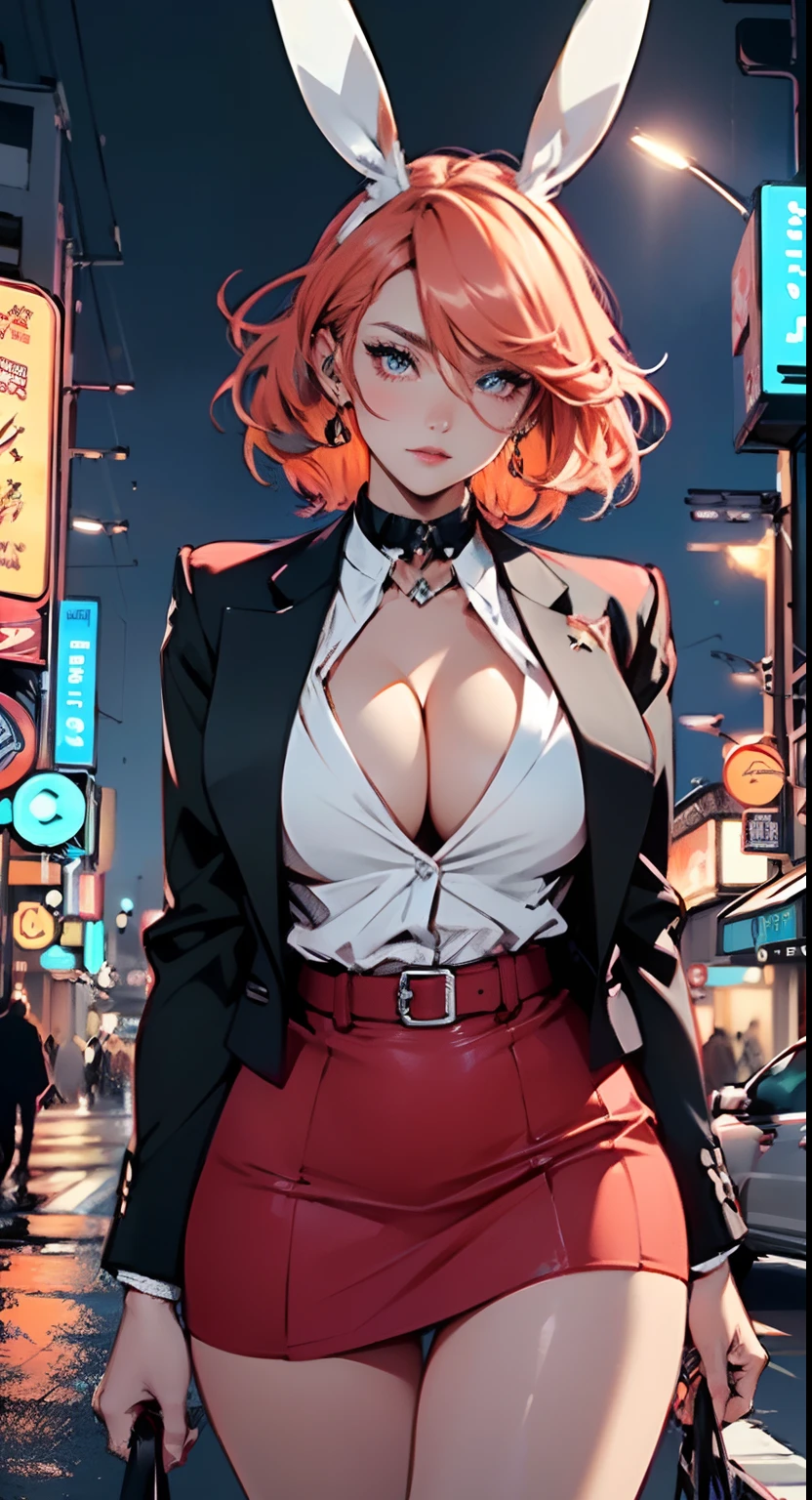 cute bunny girl,(((1girl))),((anime bunny girl with extremely cute and beautiful orange hair walking seductively down the street)),(((bunny girl,anthro furry cute,bunny-girl))),(((bunny ears,bunny ears on head,big bunny ears))),


(large breasts:1.4),saggy breasts,(((red orange hair:1.35,colored inner hair,ear breathing,large hair))),((heterochromia,eye1 red,eye2 orange,perfect eyes,upturned eyes:1.3,beautiful detailed eyes,finely detailed beautiful eyes:1,big highlight on eyes:1.2,slanted eyes)),((fat)),(((lustrous skin:1.5,bright skin: 1.5,skin tanned,shiny skin,very shiny skin,shiny body,plastic glitter skin,exaggerated shiny skin))),(spider lower abdomen,narrow waist,wide hip,athletic body,inflated legs,delicate detailed fingers,detailed body,detailed arms,human hands,(detailed face)),

cute,slutty,seductive,erotic,(((nsfw))),

(((wearing dark red formal blazer,short skirt,))),(((huge cleavage))),(detailed outfit,detailed clothes),

(dynamic pose:1.0),solo focus,embarrassed,centered,scale to fit dimensions,Rule of thirds,

outdoors,((night view)),(very pretty city neon synthwave,cyberpunk night street Background:1.5,dark sky,thick clouds),future vehicles,((neon lights)),thick clouds,(cyberpunk style,neon lights, (synthwave theme background), lonely street),(((detailed background:1.25))),

(best quality),(high resolution),(sharp focus),(ultra detailed),(extremely detailed),(extremely high quality artwork),8k_wallpaper,(extremely detailed CG 8k),(very fine 8K CG),((hyper super ultra detailed perfect piece)),flawless,(((masterpiece))),illustration,vibrant colors,(intricate),High contrast,Selective lighting,Double exposure,HDR (High Dynamic Range),Post-processing,Background blur,
