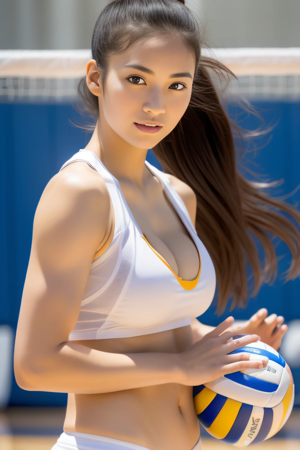((in 8K、top-quality、masterpiece、超A high resolution:1.2))、 Cute Japan woman with good looks 、23years old、1girl in、Volleyball player、Professional volleyball game、sneakers、Colossal tits、cleavage of the breast、Dark hair、Black eyes、bobhair、Constricted flesh、Beautiful limbs、perspiring、Amazing volleyball game、A sexy、well-muscled、(perfect anatomia、Beautiful limbs、Healthy body)、Gymnasium、Volleyball Court、Aim for the Ace、during the day、profetional lighting、suns、volley、