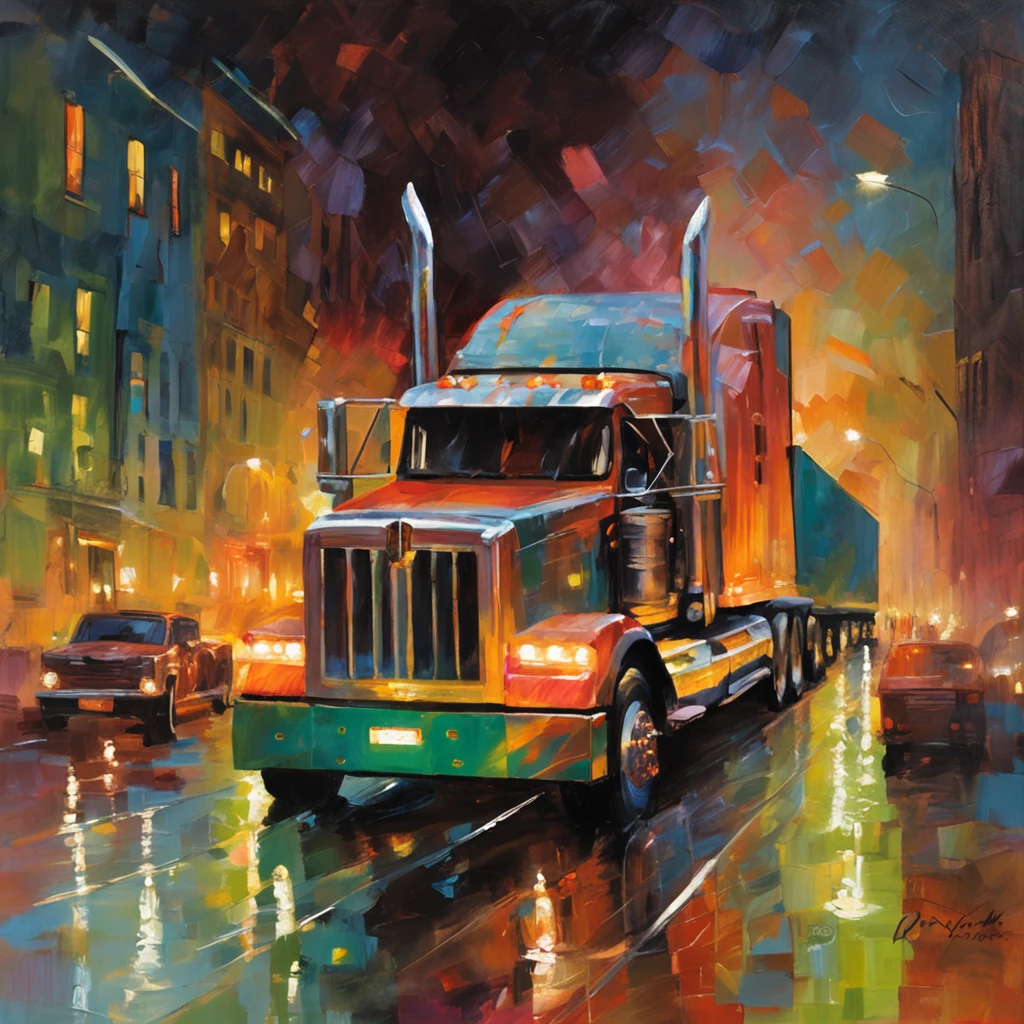 In the city at night, Everything around is shrouded in mystery and mystery. A journey on a powerful, modern tractor unit,  The truck has a long, heavy-duty covered trailer,  Illuminated by the lights of the night city, the paintings float past you, creating an atmosphere of mystery and magic. Sparks leave a glowing trail behind them, Like stars on Earth.  Huge Moon, majestically rising above the city. The moon seems much closer, than usual, Magic City at Night, Enjoy the majestic moon and feel the power of a modern tractor. Your path will be illuminated by sparks and illuminated by the bright light of the moon, Creating an unforgettable picture