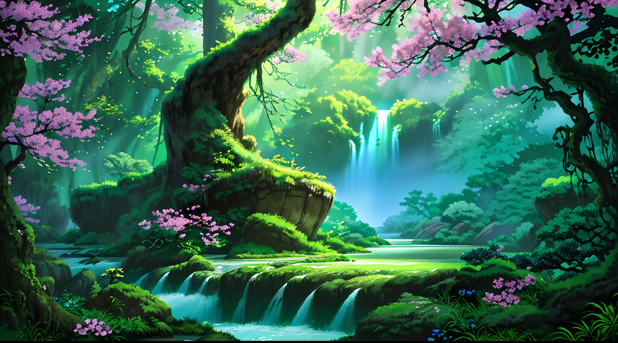 (digital painting),(best quality), enchanted forest, green, yellow, brown, Ukiyo-e art style, Lord of the Rings inspiration, Deviant Art popular, 8k ultra-realistic, earthy color scheme, soft lighting, golden hour, tranquil atmosphere, landscape orientation, Masterpiece, best quality, 8K, high res, ultra-detailed, A scene of a waterfall cascading down a high cliff amongst lush greenery, adorned by vibrant flowers, towering pines, and delicate bamboo groves,no humans, sakura, beautiful view, ultra-detailed, fine detailed, highly detailed, intricate, highly detailed, ultra-detailed, scenery,no humans, lush green mountains, winding rivers, misty atmosphere, solitary, intricate details, delicate features, verdant trees, blooming flowers, druid's circle, soft moss, deep forest, intricate leaves and vines, wisps of light, still pool of water, pristine, verdant green, A picturesque scene of a waterfall cascading down a high cliff amongst lush greenery, adorned by vibrant flowers, towering pines, and delicate bamboo groves.