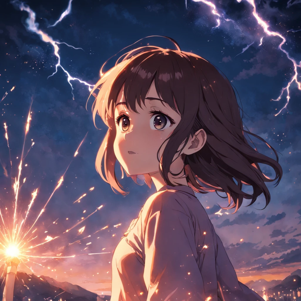 obra-prima, melhor qualidade, filme, 1girl, garota , seeing the sky, caminhando,close-up, brilhante, feliz, Soft lighting and Warm, sun sunset, (Sparks: 0,8) estrela cadente,close olhar