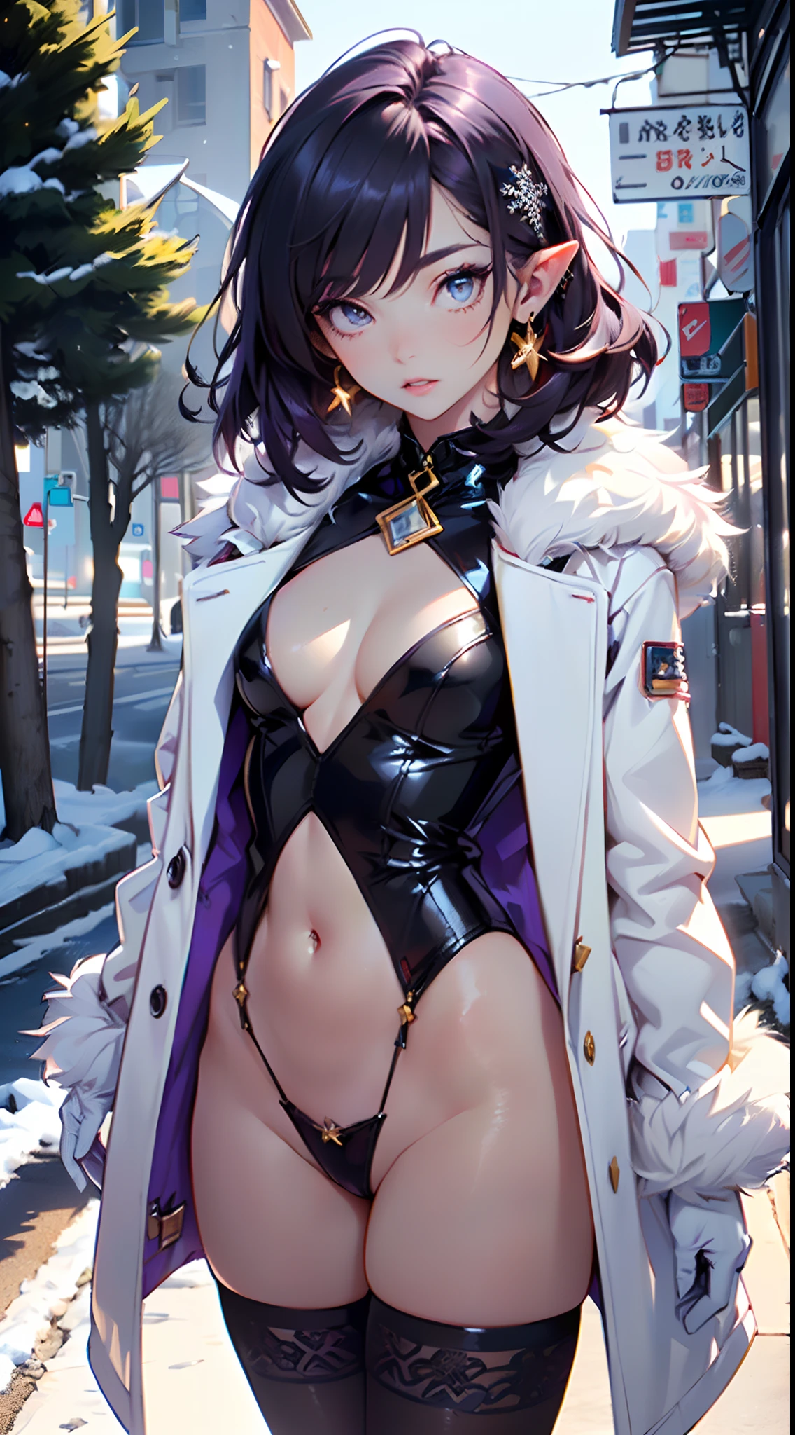Cute loli elf,(((small loli,Small body,Little))),(((for 6 years old))),((Anime elf loli with extremely cute and beautiful blonde hair)), (((elf))), (((ears of elf))),

(((Flat chest))),((((Dark purple hair:1.35,Disheveled dark purple hair,Colored inner hair,Ear breathing)))),(((Golden left eye, Purple right eye:1.3,Upturned eyes:1.3,Perfect eyes,Beautiful detailed eyes,Rainbow glowing ultra-fine orange-yellow eyes:1.1,Gradient eyes:1,fine detailed beautiful eyes:1,Symmetrical eyes:1,big highlight on eyes:1.2))),(((Glossy glossy skin:1.5,Bright Skin: 1.5,dark tanned skin,Shiny skin,very shiny skin,shining body,plastic glitter skin,exaggerated shiny skin,Reflective skin))),(delicate detailed fingers,Detailed body,detailed arms,human hand,(Detailed face)),

Cute,slutty,Erotic,Daring,(((NSFW))),

zettai ryouiki,Clothing that exposes,show skin,(((Sexy ivory fur coat, Ivory fur coat, Wearing an ivory fur coat:1.3,Ivory winter coat))), ((Ivory mini skirt,Ivory mini skirt，Hairy edges,visible thong straps)),(White gloves,Ivory clothes,Semi-naked,There are small ivory colored clothes,((((Furry edge clothing)))),(detailed outfits,Detailed clothes),

(Dynamic pose:1.0),solofocus,Embarrassed,Centered,scale to fit the dimensions,Rule of thirds,

Twilight,Resort background,winter,snowstorm in background,(Pine forest),Detailed background:1.25,snow covered,muita neve, Snow,snow forest background,(((Glowing snowflakes,Sparkling details))),Christmas tree,

(Best quality),(high resolution),(Sharp focus),(Ultra detailed),(Extremely detailed),(extremely high quality artwork),8K_the wallpaper,(extremely detailed CG 8k),(very fine 8K CG),((hyper super ultra detailed perfect piece)),Flawless,(((Masterpiece))),illustration,Vibrant colors,(Intricate),High contrast,Selective lighting,Doubleexposure,hdr (HighDynamicRange),Post-processing,Background blur,