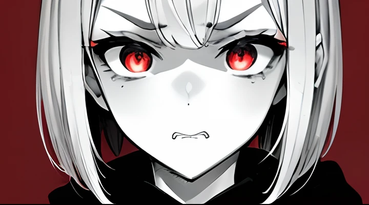 Best Quality, masutepiece,4k 8k wallpaper, 1girl in, Shorthair, Silvery hair、Hairpin, Hoodie, (((Close-up photos))), (((monochromes:1))), Red background,loimu、 ((looking disgusted)), Looking at Viewer, Glowing eyes, gloweyes, halfbody