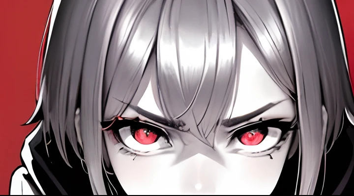 Best Quality, masutepiece,4k 8k wallpaper, 1girl in, Shorthair, Silvery hair、Hairpin, Hoodie, (((Close-up photos))),  (((monochromes:1))), Red background,loimu、 ((looking disgusted)), Looking at Viewer, Glowing eyes, gloweyes, halfbody