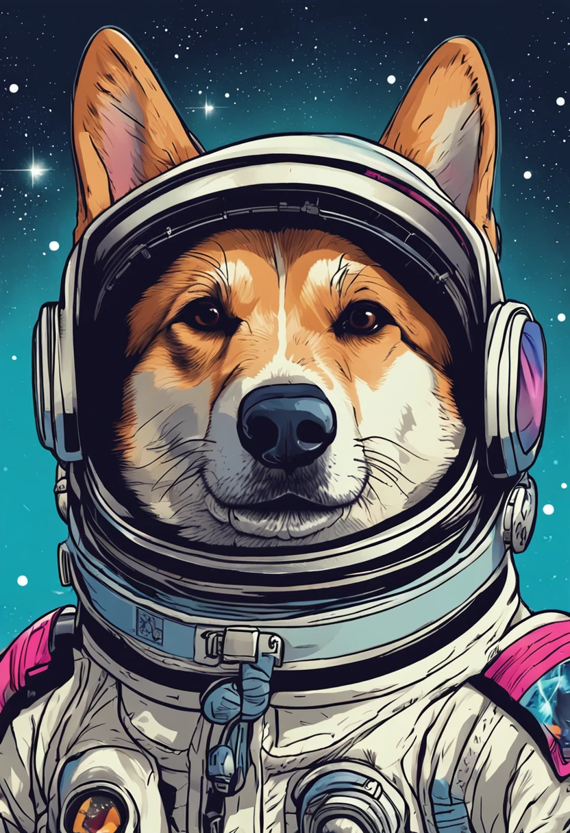 a close up of a dog wearing goggles and a space suit, corgi cosmonaut, shiba inu cosmonaut portrait, dog in a space suite, high quality portrait, high detailed illustration, extremely high quality artwork, highly detailed illustration, furry character portrait, shiba inu cosmonaut, synthwave art style, detailed portrait, for a sticker