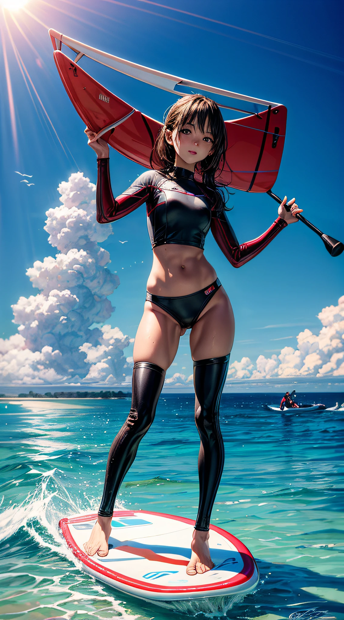 (masterpiece, best quality), 1girl, Trying out different water sports at the beach, she embraces the thrill of paddleboarding, surfing, and jet skiing, embracing the adventure of the ocean