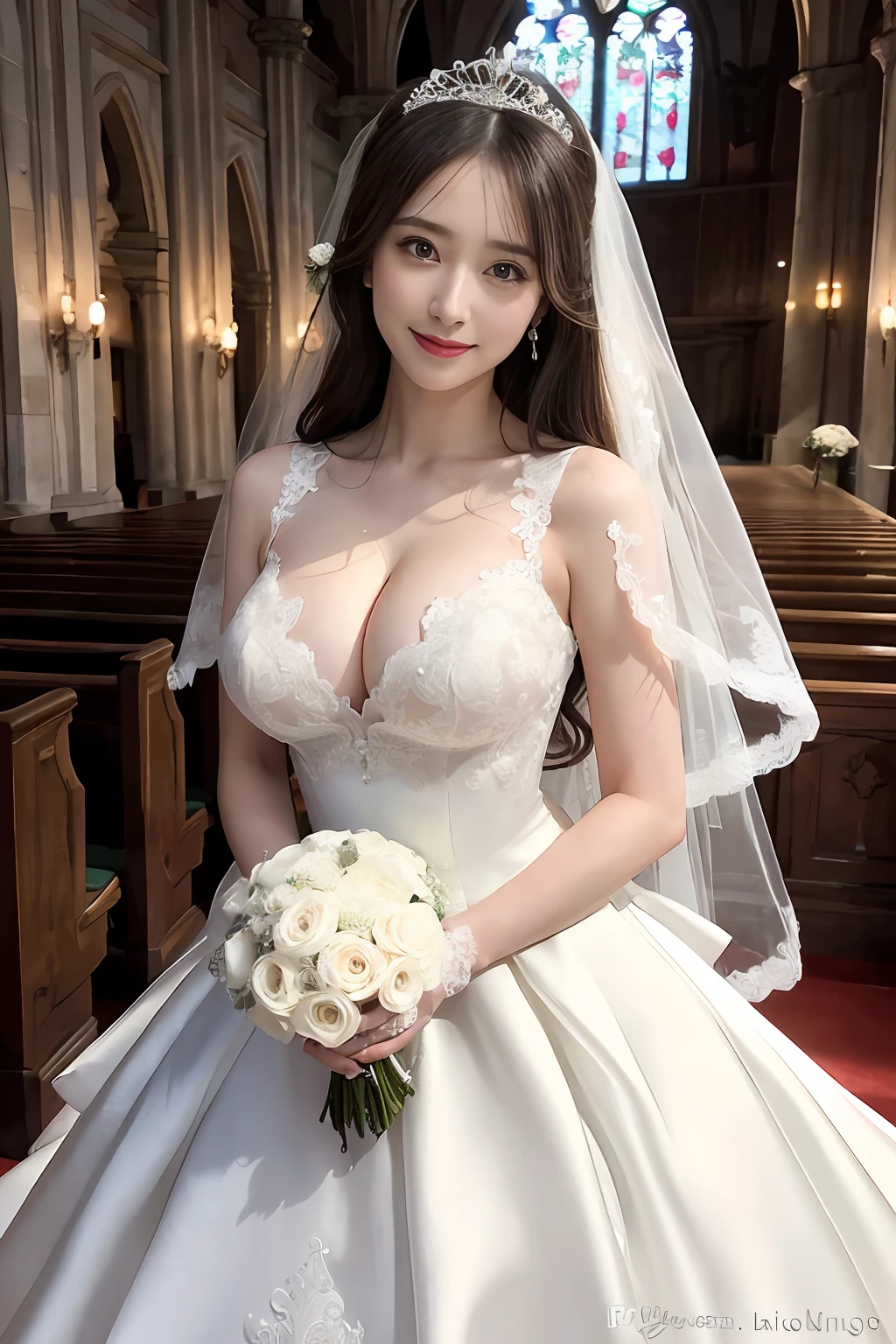 (Best Quality, masutepiece:1.2), (Realistic:1.3), (hyper detailed background, Detailed background), Bokeh, ((medium breasts:1.3)), ((Tense cleavage)),(Belleline Wedding Dresses:1.3),Bridal tiara, Show, Bridal Veil, bridal gauntlets, Bridal Cascade Bouquet, Upper body, Wedding in the church, The skirt spreads round and wide, 1girl in, 30s, Cute,Smiling, Dynamic Angle