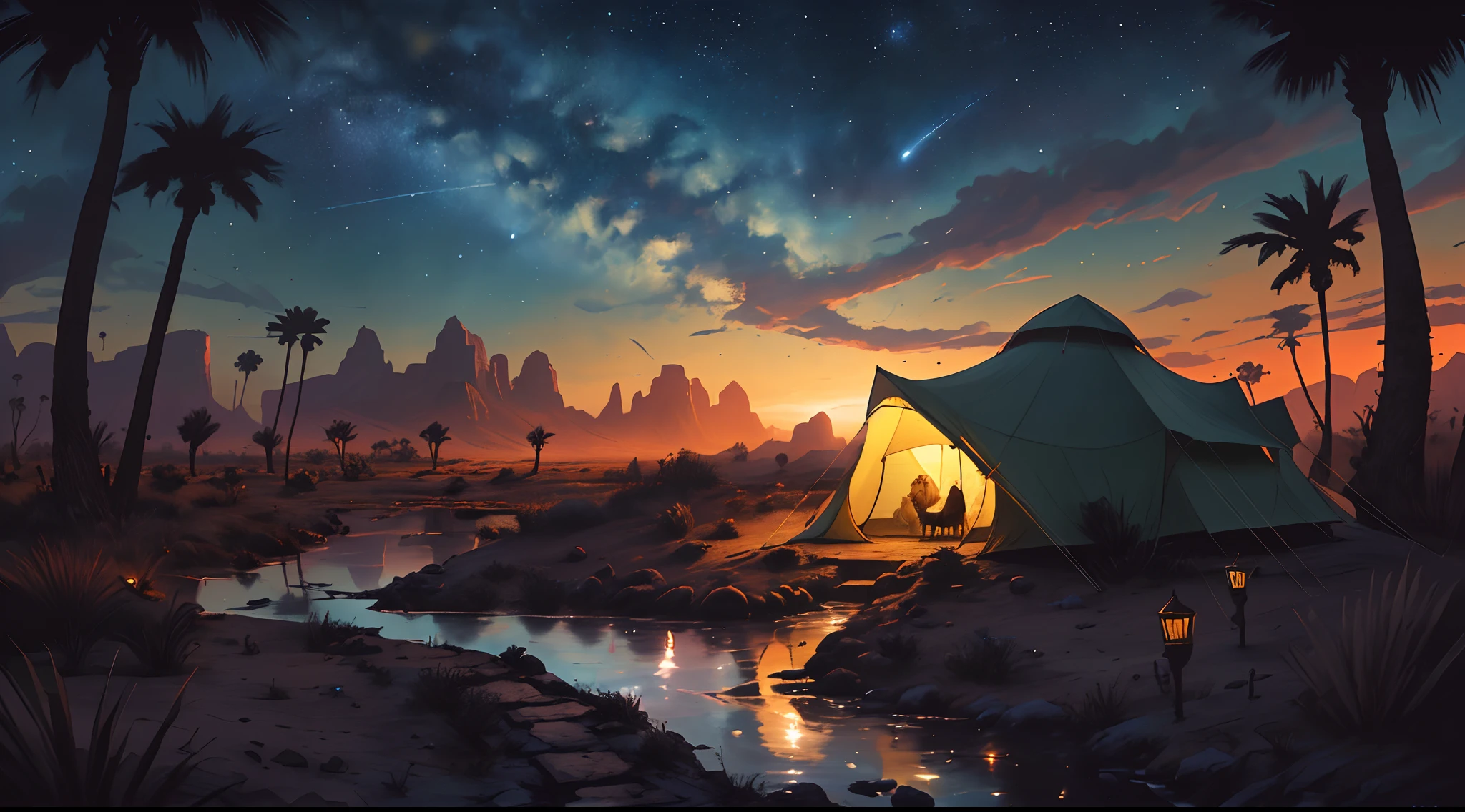 high details, best quality, 8k, [ultra detailed], masterpiece, best quality, phtorealism (extremely detailed), picture of a desert oasis in sunset (intricate details, Masterpiece, best quality: 1.5), palm trees, small stream of water, a camel drinking from the stream, a large tent at the oasis (intricate details, Masterpiece, best quality: 1.5), colorful tent, night sky filled with stars, night light, dim light, high details, best quality, highres, ultra wide angle fantasy_night