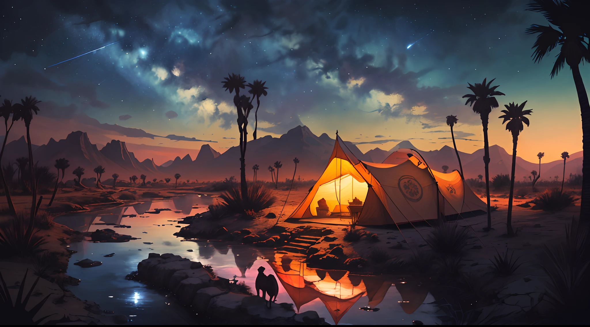 high details, best quality, 8k, [ultra detailed], masterpiece, best quality, phtorealism (extremely detailed), picture of a desert oasis in sunset (intricate details, Masterpiece, best quality: 1.5), palm trees, small stream of water, a camel drinking from the stream, a large tent at the oasis (intricate details, Masterpiece, best quality: 1.5), colorful tent, night sky filled with stars, night light, dim light, high details, best quality, highres, ultra wide angle fantasy_night