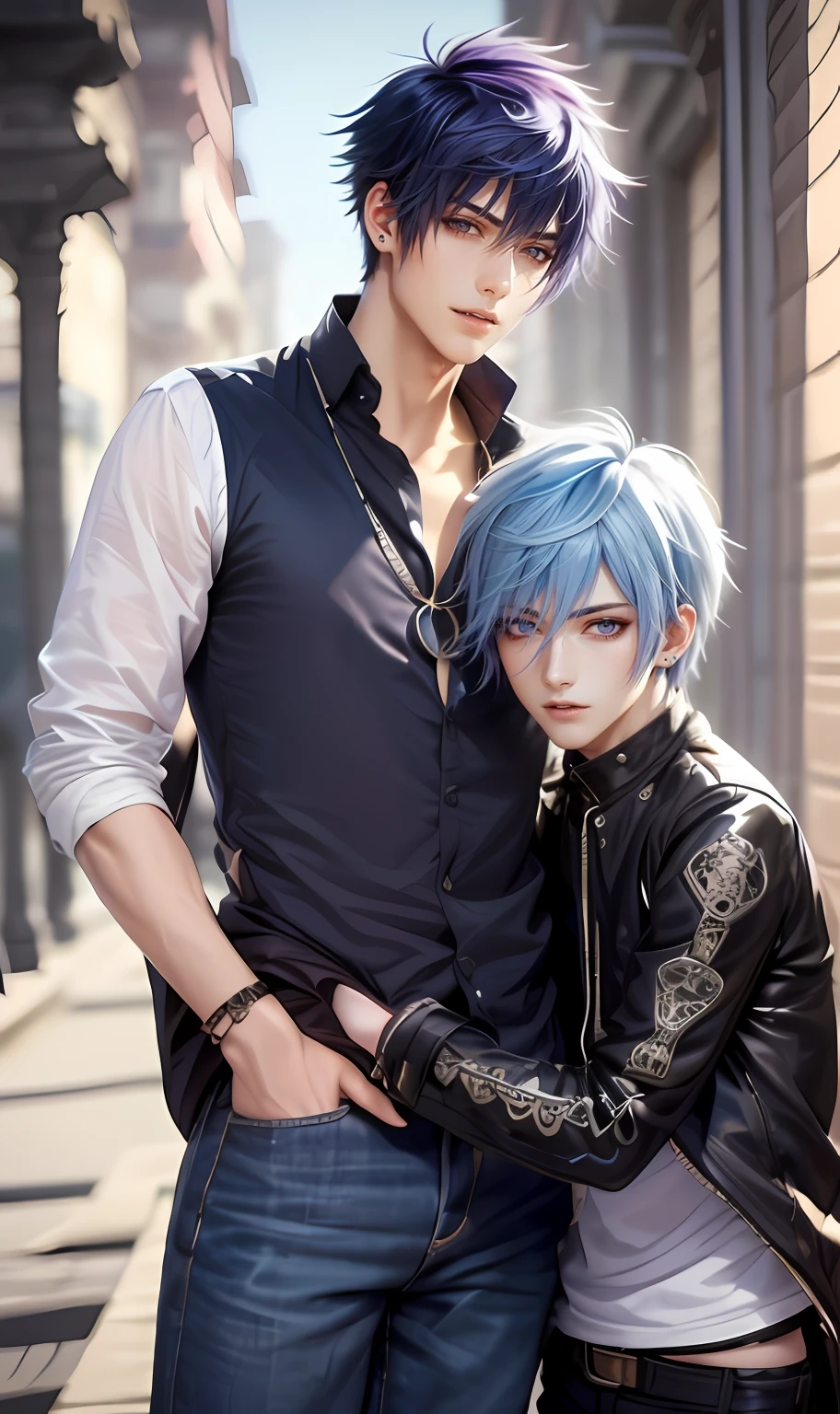 masterpiece, top-quality, 2Others, Male couple, 1 man and 1,, Adults, Height difference, different fashion, different color, finely eye and detailed face, intricate detailes, Casual clothing, window, A smile, Happiness, tenderness, queers, Boys Love, high-level image quality、 selfee, Two beautiful men、tall、The upper part of the body、nightfall、nighttime scene、𝓡𝓸𝓶𝓪𝓷𝓽𝓲𝓬、Korean Male, Idol Photos, k pop, Professional Photos, Vampires, Korean fashion in black and white, Fedoman with necklace, inspired by Sim Sa-jeong, androgynous vampire, :9 detailed face: 8, extra detailed face, detailed punk hair, ((eyes are brown)) baggy eyes, Seductive. Highly detailed, semi realistic anime, Vampires, hyperrealistic teen, delicate androgynous prince, imvu, short hair above the ears, Man with short hair, With a purple-haired man with a wild expression, Man with light blue hair with gentle expression, ((With a short-haired man with bright purple hair)), ((Man with light blue hair))