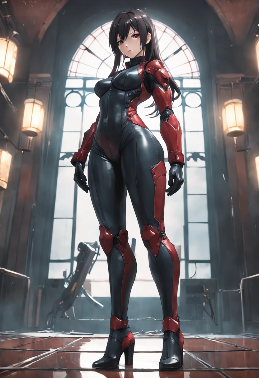 (masterpiece, best quality, 4k, 1girlsolo, 1MILFWOMAN, smile RED cheeks, plain background:1.2) perfect face, perfect lighting, mature whsororitas with gloves RED gauntlets in her hands like Cammy White from Street Fighter, bob RED hair, warhammer 40k power armor suit with loincloth, red eyes like rubies, full body RED armor, view from below, looking to the viewer, arms to the sides empty hands, RED military boots, silver skull ornament attached to crossing 2 belt wide hips, 2 long legs