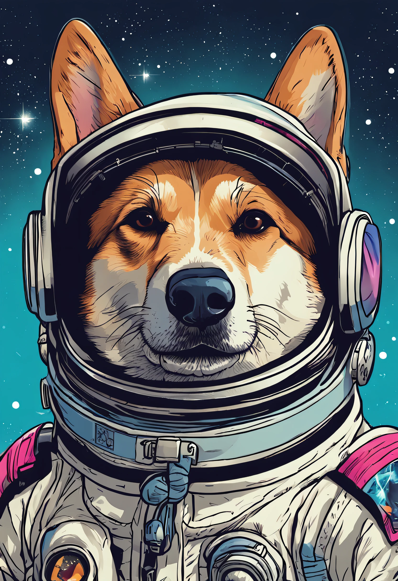 a close up of a dog wearing goggles and a space suit, corgi cosmonaut, shiba inu cosmonaut portrait, dog in a space suite, high quality portrait, high detailed illustration, extremely high quality artwork, highly detailed illustration, furry character portrait, shiba inu cosmonaut, synthwave art style, detailed portrait, for a sticker