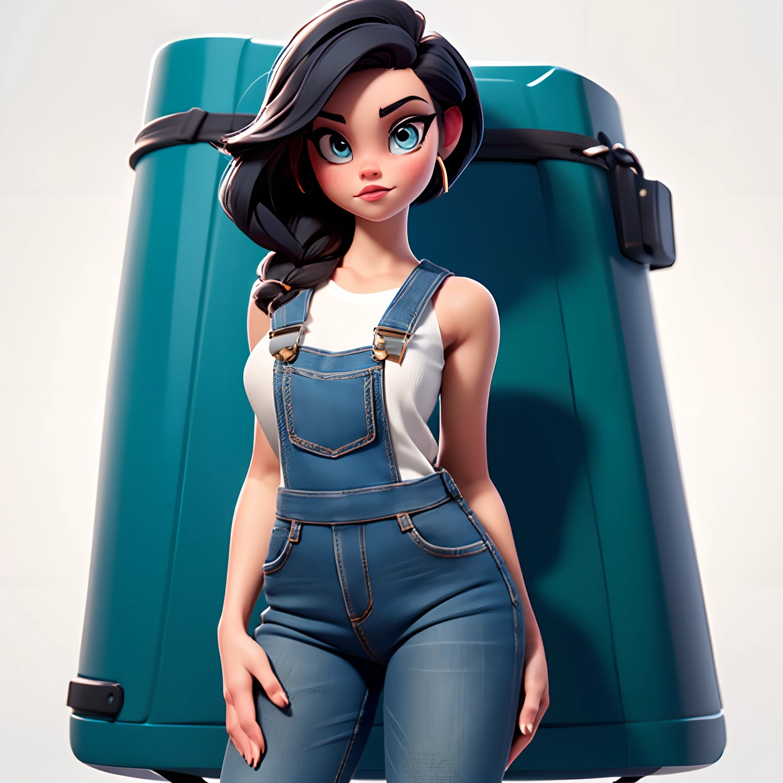 1 voluptuous woman (Sarah Hyland), short black hair, hairstyle pixie, eyes, environment change scene, Female, wearing only "jeans overalls", "without shirt", uncovered shoulders, (simple background, white background: 1.3), illustration, ((masterpiece)), (((best quality))), UHD, highres, 8k, best quality, high details, anatomically correct, body side